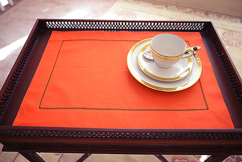 Flame Orange Color Hemstitch Placemat 14"x20". Ramie & Cotton - Click Image to Close